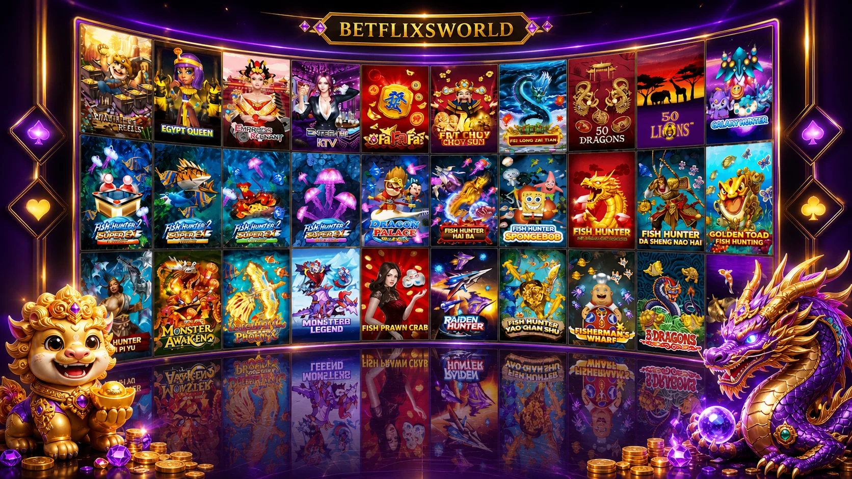 รวมเกมสล็อต BETFLIXSWORLD พร้อมมาสคอตโทนม่วงทอง
